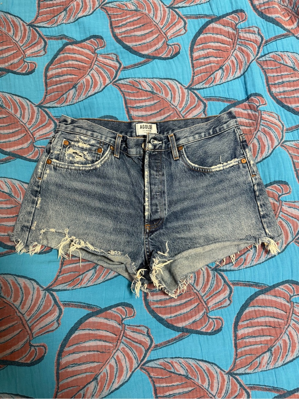 Agolde Blue Distressed High-Rise Denim Cutoff Shorts